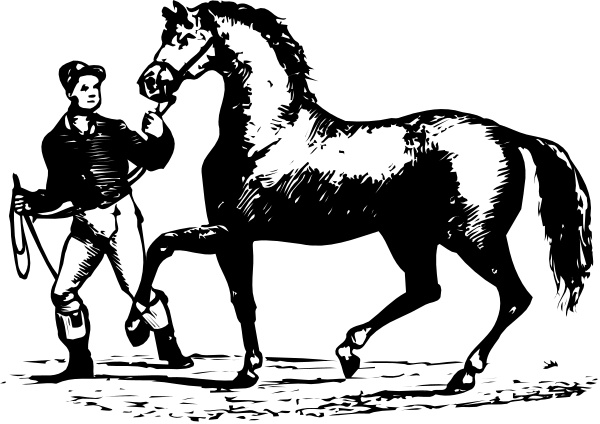 The black and white illustration shows a man riding on horseback with another person walking beside him; both figures appear to be in motion against an indistinct background that does not provide specific details about their surroundings, focusing instead on capturing movement through line art rather than color or detail.