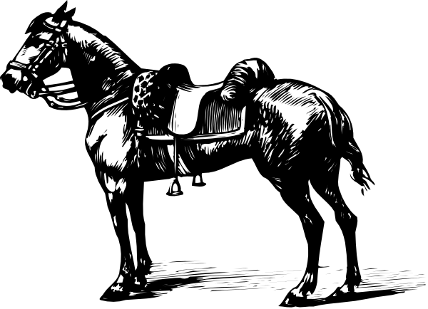 The black and white illustration shows a horse pulling a carriage with two wheels on each side of it; there is no visible text in this image.
