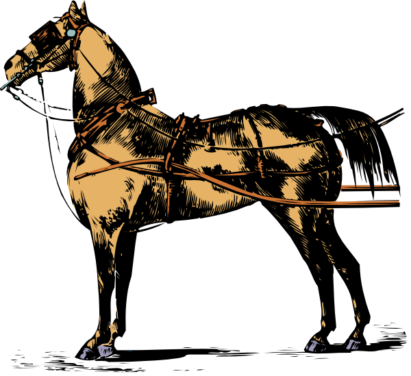The image shows a black horse pulling an open carriage with two wheels on it against a dark background.