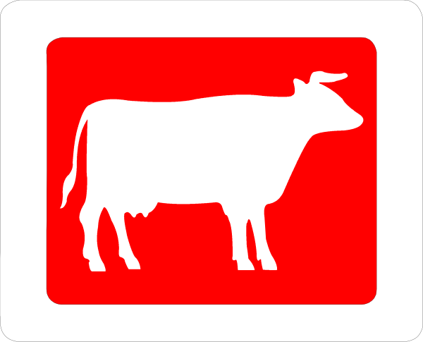 The image shows a red sign with an illustration of two cows on it to its right side, placed next to another smaller white square that contains text in German which translates as "Milk" at the top and "Dairy Products" below it.