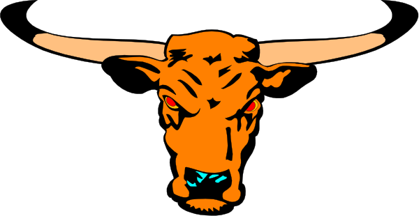 The image shows a cartoon of an orange bull's head with horns against a black background.