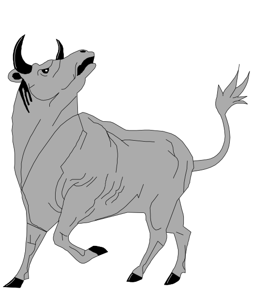 The black and white illustration shows a cartoon cow with horns blowing smoke from its nostrils while standing on two legs in an exaggerated pose against a dark background.