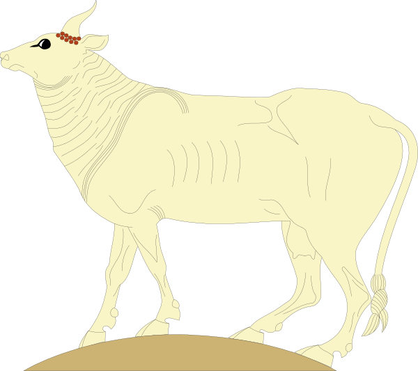 The black and white illustration shows a cow standing on top of an arid landscape with mountains in the background; there is no text present within this image.