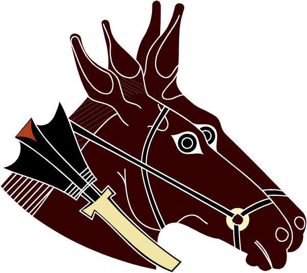 The image shows a cartoon of an animated horse with antlers on its head pulling a chariot that has two arrows pointing upwards from either side.