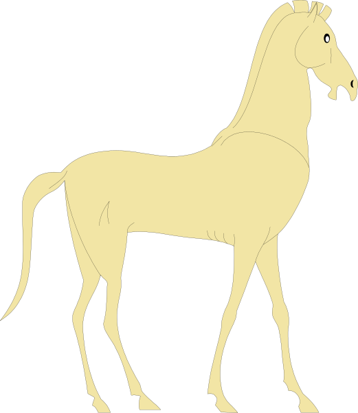 The black and white silhouette of a horse standing on two legs with its head turned to look back over its shoulder.