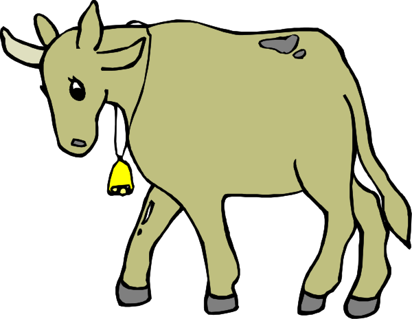 The image shows a cartoon of an animated cow standing on two legs with its head turned to look at something off-screen.