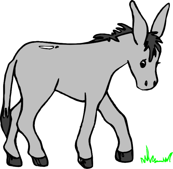 The black and white cartoon shows a donkey standing next to an adult horse with its head turned away from us; both have visible hooves but no tails.