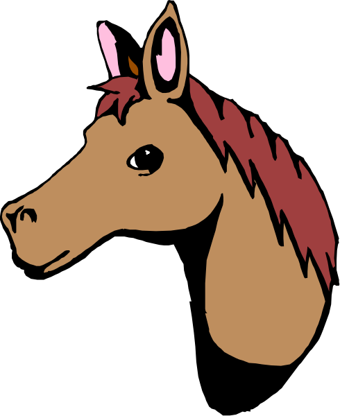 The image shows a cartoon of an adult horse with red hair on its mane against a black background.