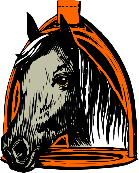 The black and white illustration features a horse's head peeking out from behind an orange birdcage with bars on top of it.