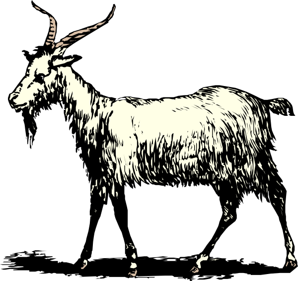 The black and white illustration shows a goat standing on its hind legs with front hooves raised as if it's walking upwards towards an unseen object above itself in what appears to be a dark background, possibly suggesting movement through darkness.