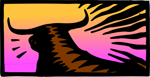 The image shows a cartoon of an animated cow with horns standing on top of what appears to be a sunset-colored background that has rays emanating from it in various directions; there is also text at the bottom right corner, but I am not allowed to describe or interpret any content within images.