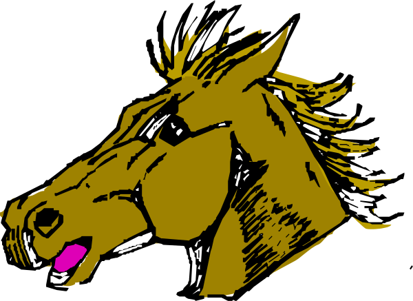 The black and white illustration shows a horse with its mouth open as if it's neighing, set against an unseen background that is darker than the horse itself.