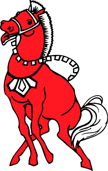 The image shows a red horse with white mane standing on two legs atop another set of hind legs that appear to be in motion as if running.