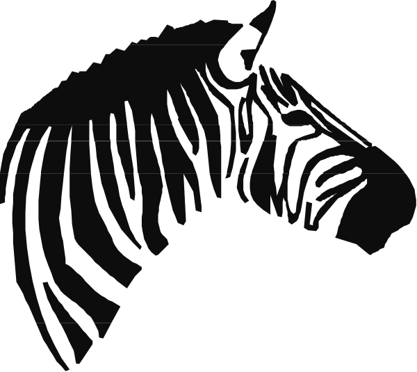 The black silhouette of a zebra's head with its ears perked up against an unseen background.