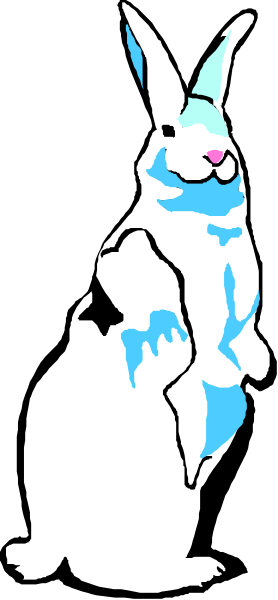 The image shows a cartoon rabbit standing upright against a black background with its arms outstretched to either side of it.