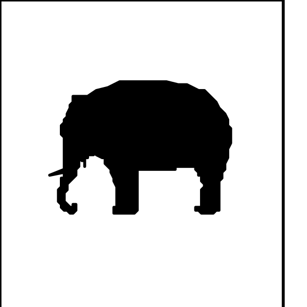 The image shows a black silhouette of an elephant on top left corner against white background with two smaller images below it: one is another animal that appears to be a rhino due to its horns, and beneath them there's what looks like a small trunk or snout sticking out.