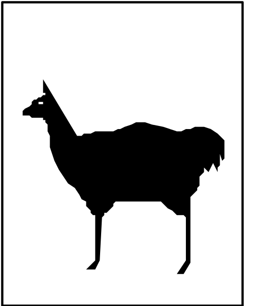 The black and white silhouette of a llama standing on two legs with its head turned to look back over its shoulder.
