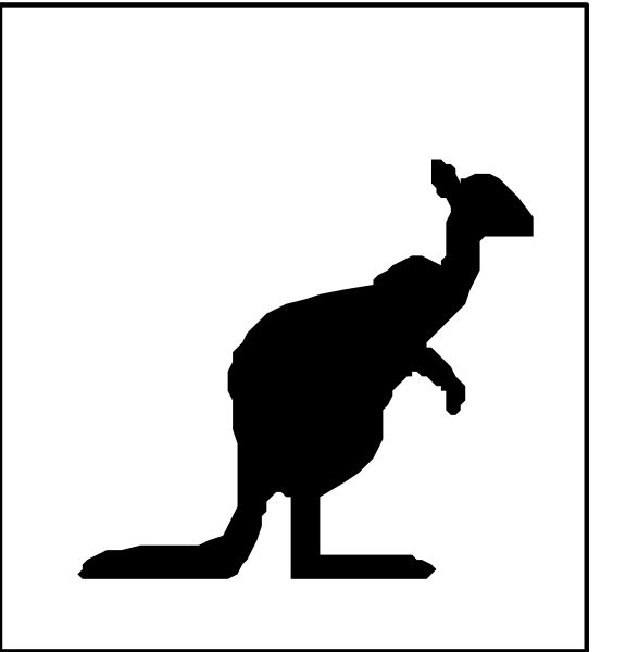 The image shows a black silhouette of an Australian kangaroo on its hind legs with a white background to the left side and what appears to be a sign depicting a person walking in front of it, indicating that this is likely meant for pedestrians or people crossing paths with wildlife.