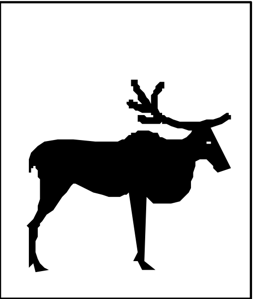 The black silhouette of a moose on top of another animal that appears to be an elk with antlers in front of it against a white background.