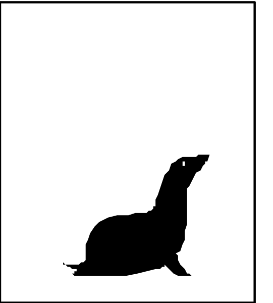 The black silhouette of a dog on top right corner against white background with no other elements present.