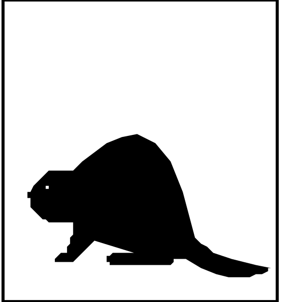 The black and white silhouette of a beaver swimming with two different backgrounds: on top is water, below it land.