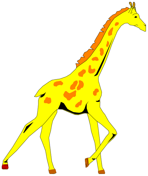 The image shows a cartoon of an orange giraffe with brown spots standing on two legs against a black background.