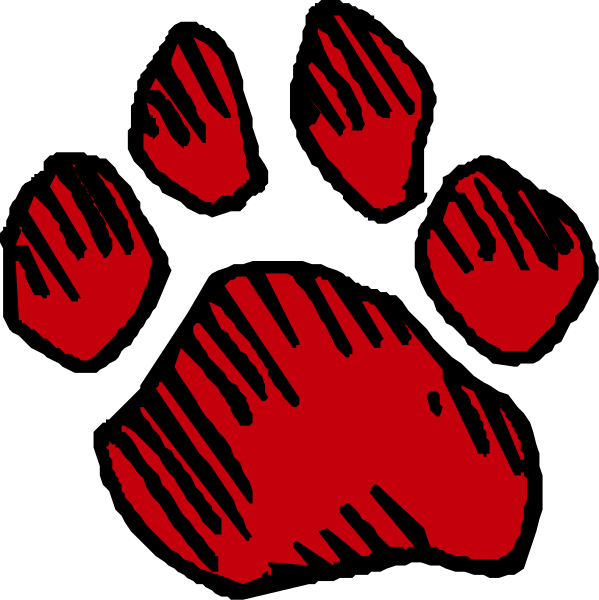 The image shows a red paw print with five toes against a black background on top of which there is an illustration resembling a bear's footprint in white coloring.