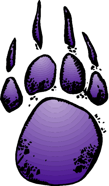 The image shows a purple bear paw print with five toes against a black background on top of an animal's footprint in white snow.