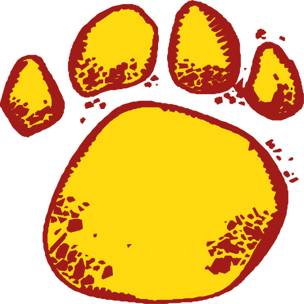 The image shows a stylized depiction of an animal paw print with footprints around it on what appears to be black background; there is no text present in this clip-art illustration.