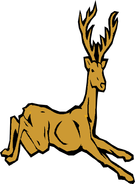 The black and white illustration features a deer with antlers running on all fours against an unseen background.