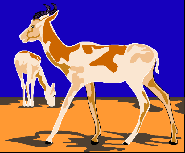 The image shows a cartoon of two giraffes standing on an orange ground with blue sky above them; there is no text present in this clip-art illustration.