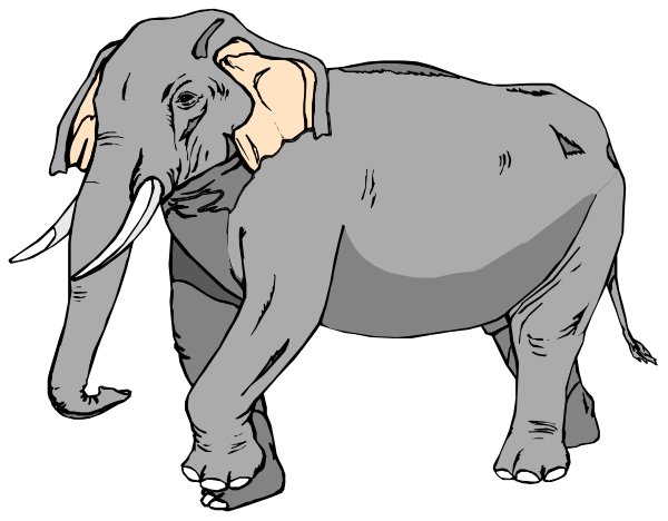 The image shows a cartoon of an elephant standing upright on its hind legs with tusks visible against a black background.