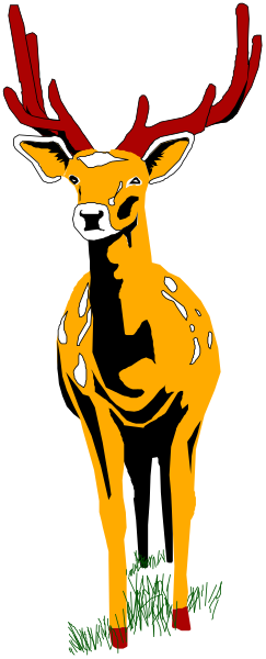 The image features a cartoon deer with antlers standing on grass next to what appears to be an evergreen tree during wintertime.