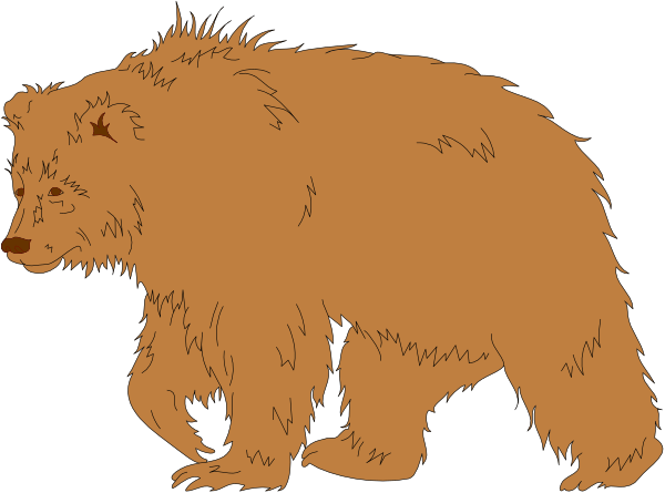 The image shows a cartoon of two bears: an adult bear standing upright on its hind legs with long claws extended forward in front of it, appearing to be walking towards something off-screen; next to this is another smaller brown bear that seems to have been recently cubbed and has shorter fur.