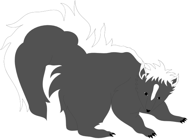The black and white silhouette of a bear standing on its hind legs with an upright tail next to another smaller figure that appears to be in motion as if running away from it.