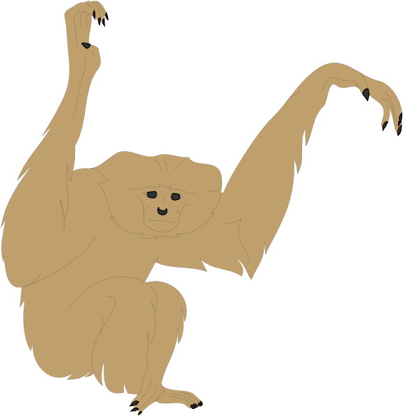 The images show a cartoon of an animated monkey performing two different poses: 1) standing on its hind legs with arms outstretched as if dancing; 2) sitting down in front of another, similar pose to itself but without any visible face or limbs. Both depictions are simple and stylized representations rather than realistic ones. The background is plain black for both images. There's no text present on the image.