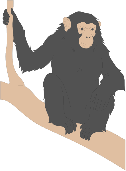 The image shows a cartoon of an orange monkey sitting on top of what appears to be a branch with its arms hanging down from it against a black background.