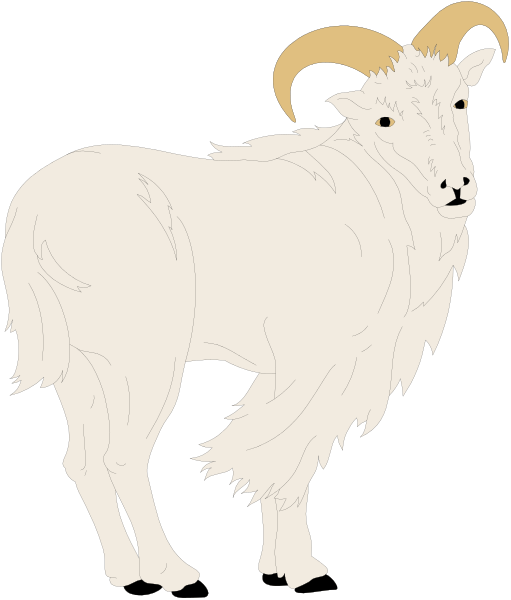 The image shows a white goat with long horns standing on two legs against a black background.