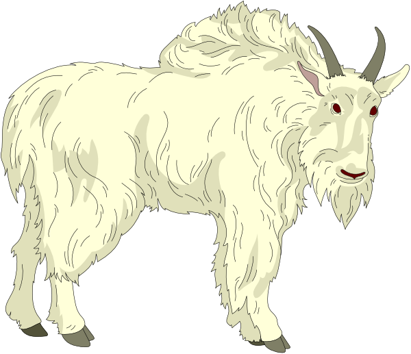 The image shows two goats standing side by side against a black background with white outlines; both have long hair and horns, one has red eyes while the other is looking straight ahead.