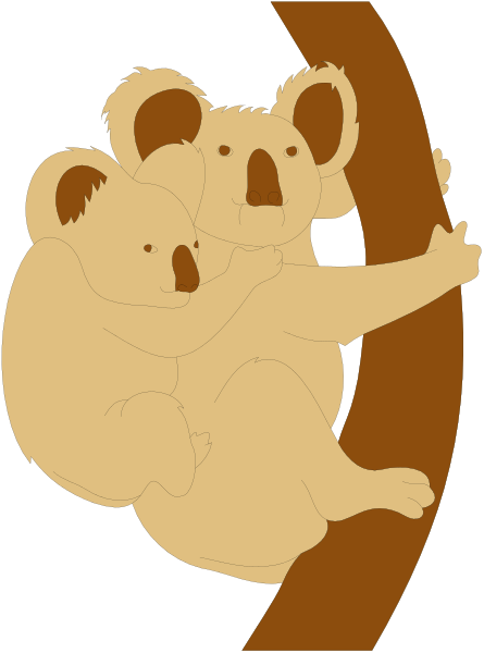 The image shows a cartoon of two koalas sitting on top of an oval object that resembles a tree branch with leaves around it; one is holding onto another while both appear to be looking at something off-frame, possibly in anticipation or curiosity.