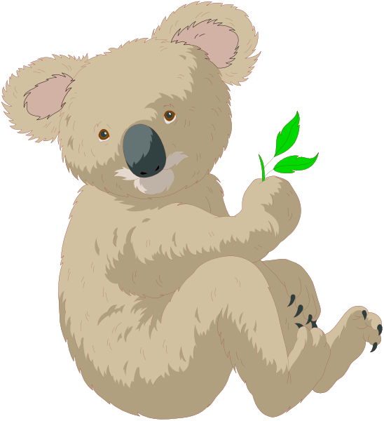 The image features a cute cartoon koala holding an apple leaf with its paws while sitting on what appears to be a branch of leaves in front of it.