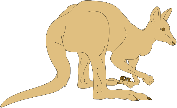 The image shows a cartoon kangaroo standing on its hind legs with an egg between its paws, looking down at it as if about to pick up another smaller animal that is also depicted in profile view and appears similar but slightly different from itself.