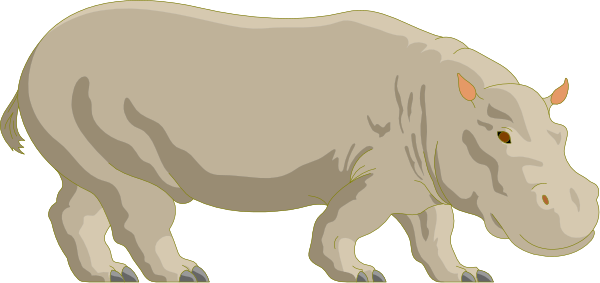 The image shows a cartoon hippopotamus standing next to an elephant with tusks on its head in what appears to be their natural habitat near water.