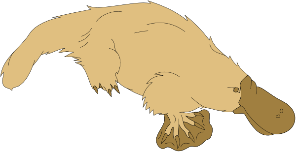 The image shows a cartoon of an animal that resembles a platypus with human arms standing on two legs in what appears to be water.