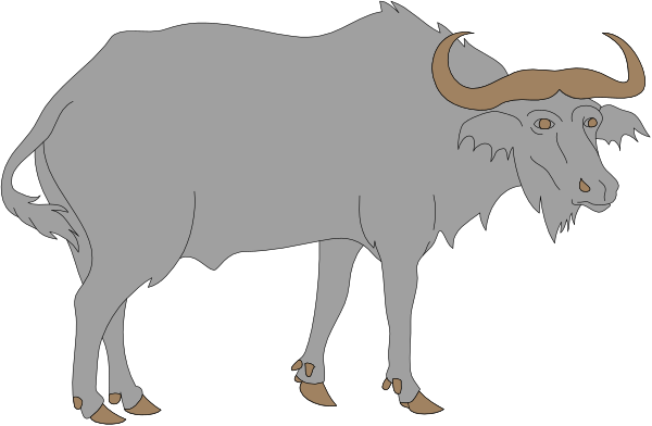 The image shows a cartoon of an ox with large horns standing on two legs next to what appears to be a river bank in front of mountains under clear skies during daylight hours.