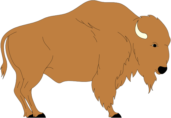 The image shows a cartoon depiction of an adult bison standing on all fours against a black background with white highlights around its body.