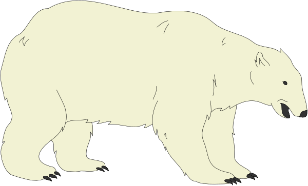 The black and white silhouette of a polar bear standing next to another smaller figure that appears to be an animal with long legs walking towards it in what looks like snowy terrain.