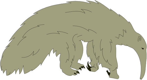 The image shows a cartoon of an anteater walking on all fours with its long snout extended forward against a black background.
