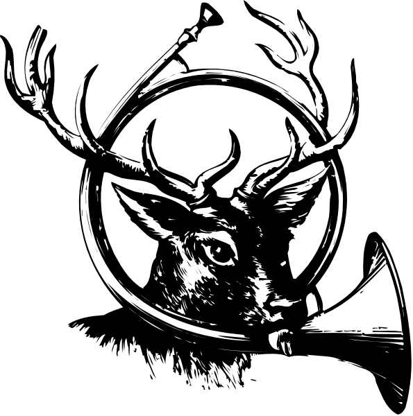 The black and white illustration features a deer's head with antlers inside an oval frame that resembles a target or bullseye design.