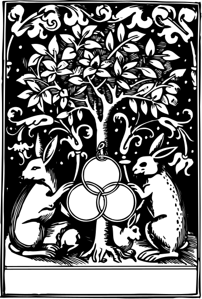 The illustration depicts a stylized scene with two rabbits sitting around an apple tree that has three apples on it; one of them is holding another bunny in its lap while both look at something outside their frame, and there's also a small bird perched above the tree.